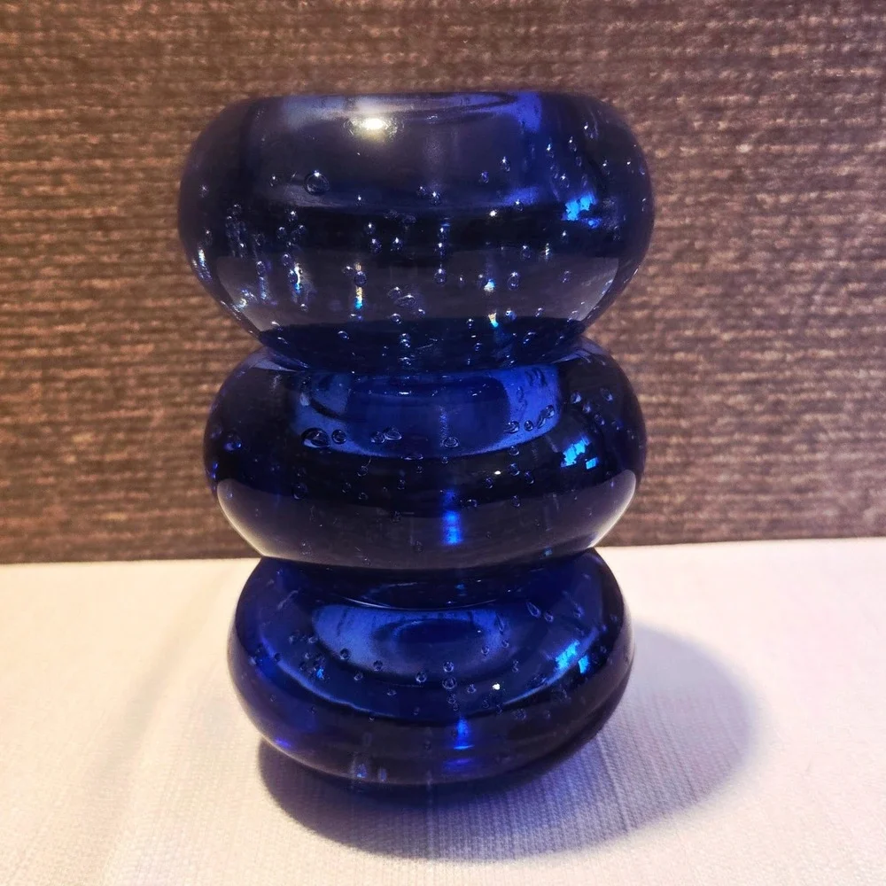 3 IKEA Blue Art Glass Controlled Bubble Paperweight Tea‎ light Candle Holder Set